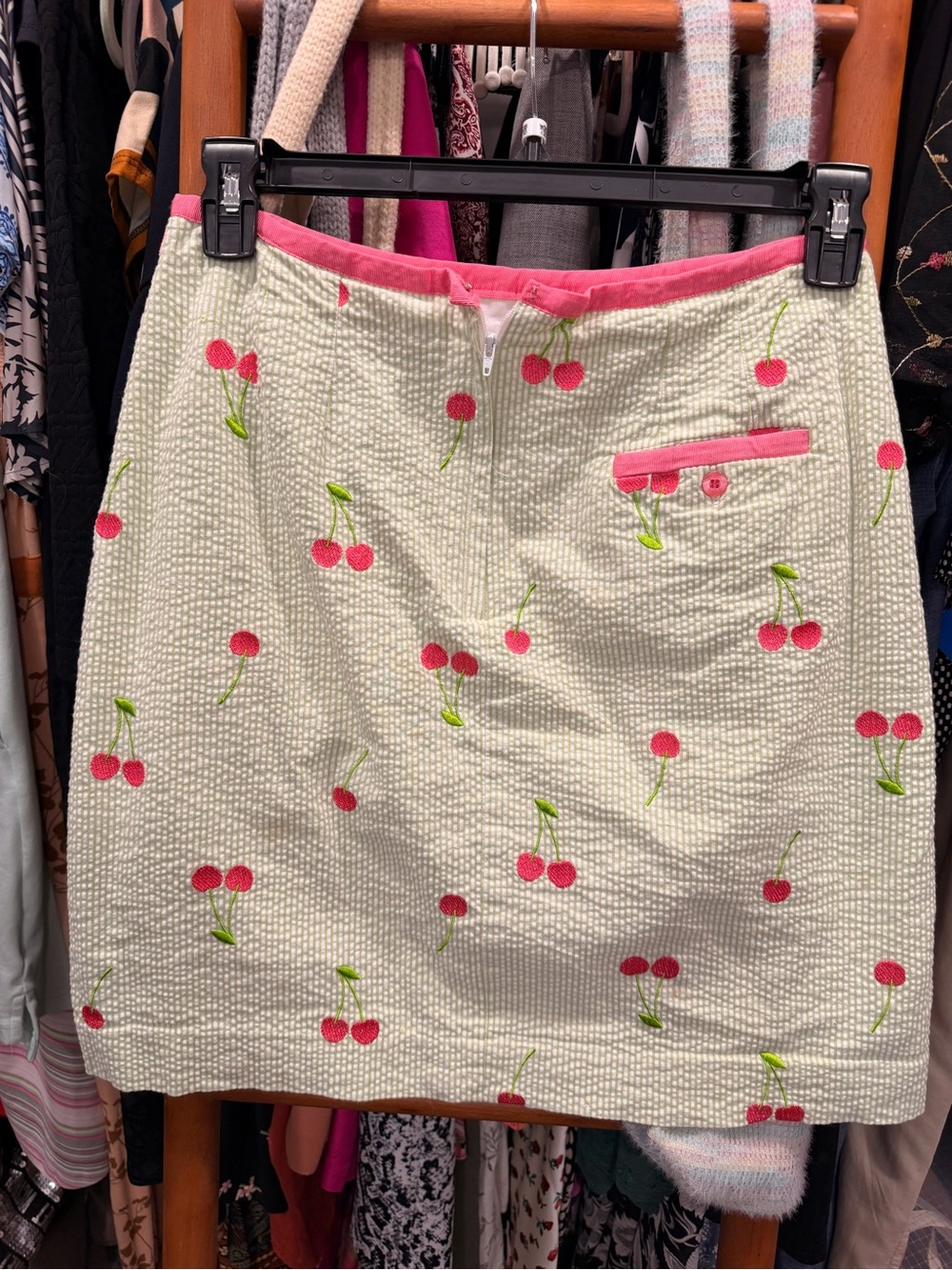 Lilly Pulitzer Pink Cherry Seersucker Mini Skirt on Light Green - Picture 2 of 5